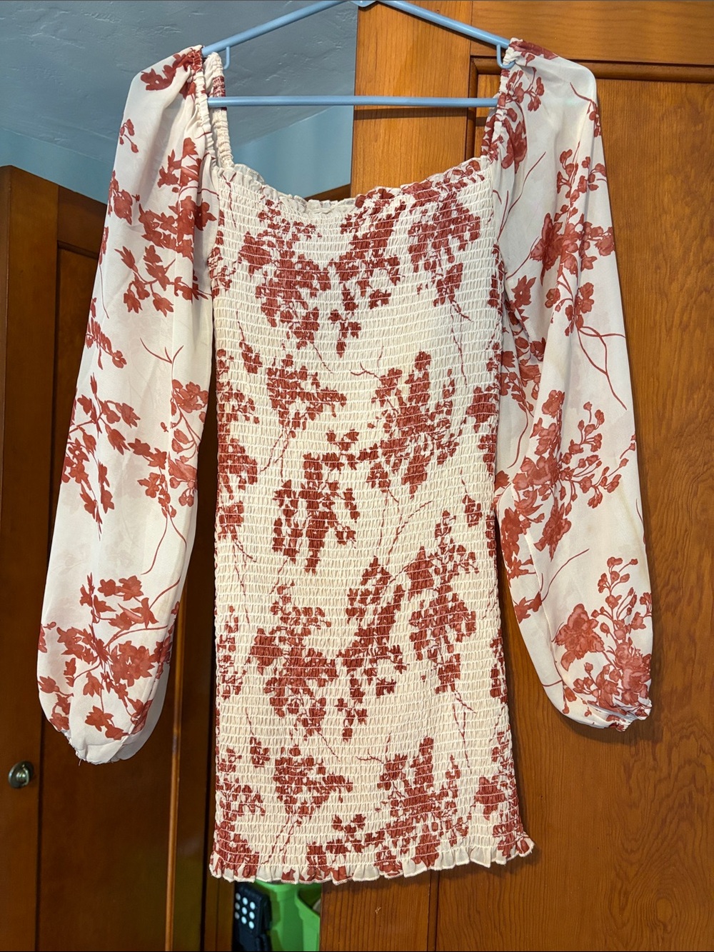 Windsor Cream Dress with Rust Floral Print, Long Puff Sleeves